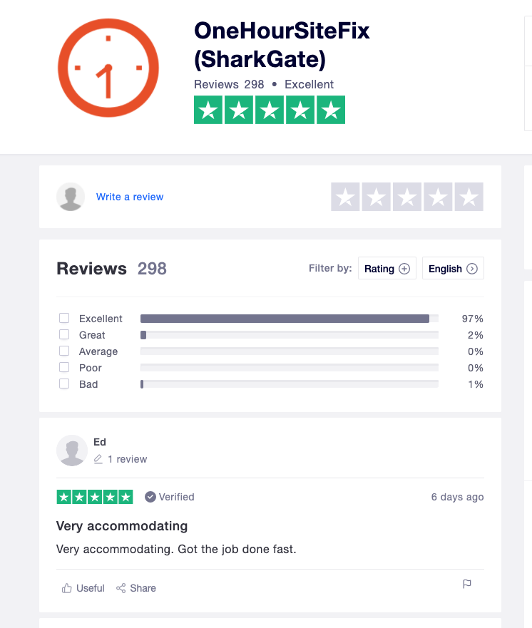 OneHourSiteFix TrustPilot reviews