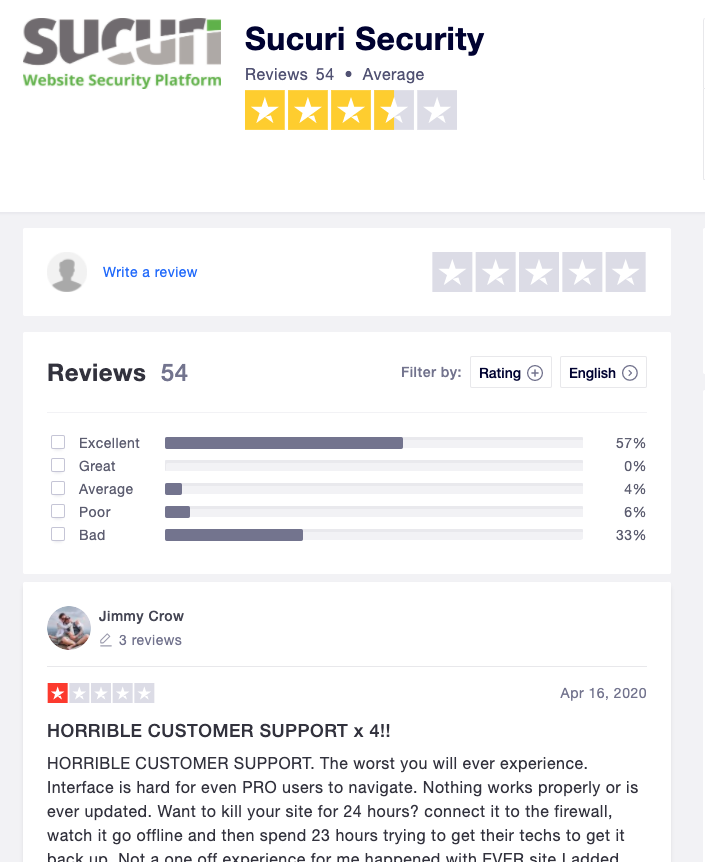 Sucuri TrustPilot reviews